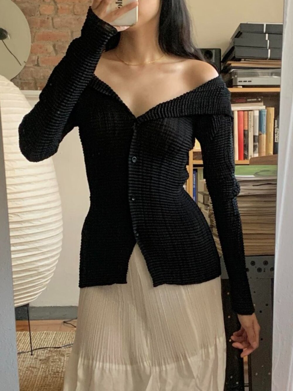 Issey Miyake Wooly Long Sleeve Button Top Black M